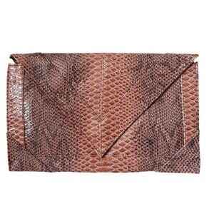 Vintage-Style Brown Faux Snakeskin Envelope Clutch Purse With Magnetic Closure